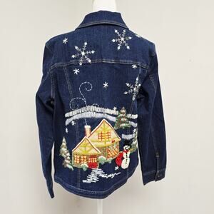 Christopher Radko Denim Jacket Sz M Embroidered Christmas Snowman Scene Holiday